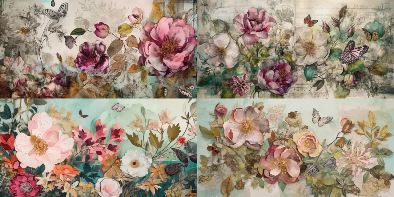 Design a multi-layered botanical garden featuring {{number_of_layers}} layers, each showcasing intricate botanical illustrations of {{specific_flower_1}}, {{specific_flower_2}}, and {{specific_flower_3}} hand-painted in a style reminiscent of {{artist_reference}}. Incorporate collage elements to create depth and complexity, using materials such as {{collage_material_1}} and {{collage_material_2}} against the backdrop of textured paper. Expertly blend mixed media art techniques to produce a harmonious composition that evokes a sense of {{primary_theme_1}} and {{secondary_theme_1}}.