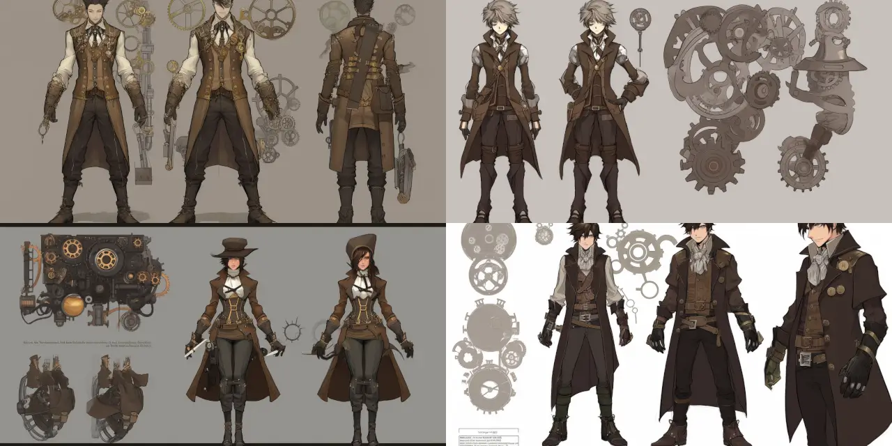 Design a steampunk-inspired anime character with intricate {{mechanism_1}} and {{mechanism_2}} elements embedded into their {{clothing_item_1}} and {{body_part_1}}. This character should embody the aesthetic of {{adjective_1}} and {{adjective_2}}. Place the character in a Victorian-era city with {{city_feature_1}}, {{city_feature_2}}, and retro-futuristic technology, such as {{technology_1}} and {{technology_2}}. The background should include elements reminiscent of {{famous_artist_1}} and {{famous_artist_2}}'s works. Capture the scene in an anime portrait style, with a touch of {{art_style_1}} and {{art_medium_1}} effects. The overall atmosphere should evoke a sense of {{strong_theme_1}} and {{strong_theme_2}}.