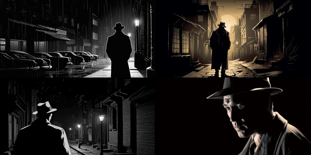 Draw a noir-scene of a {{character_1: detective}} in a {{setting_1: shadowy alley}} interrogating an {{character_2: informant}} under a {{lighting_1: dimly lit street light}}. Incorporate elements of {{art_style_1: Comic Book Art}} and include details such as {{detail_1: rain}}, the {{detail_2: detective's fedora}}, and the {{detail_3: informant's nervous expression}}. Consider adding a {{prop_1: smoldering cigarette}} or a {{prop_2: vintage car}} in the background for a more immersive atmosphere.
