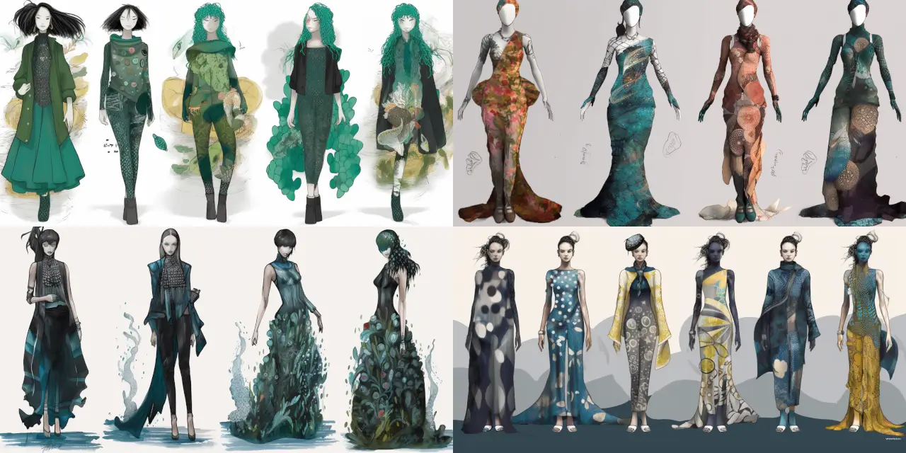 Visualize a sustainable clothing line incorporating upcycled materials and {{unconventional_fabric_1}}, {{unconventional_fabric_2}}, and {{unconventional_fabric_3}}. Create a Clothing Line Concept Art depicting {{number_of_outfits}} distinct outfits that embody the themes of {{theme_1}}, {{theme_2}}, and {{theme_3}}. The art style should be a fusion of {{art_style_1}} and {{art_style_2}}, with inspiration from {{artist_1}}, {{artist_2}}, and a touch of {{artist_3}}. Use a color palette that ranges from {{color_1}} to {{color_2}} and highlights the sustainable nature of the clothing. Include a {{medium_1}} background that showcases the ideal environment where these clothes would be worn, while conveying the sense of {{strong_feeling_or_theme}}.