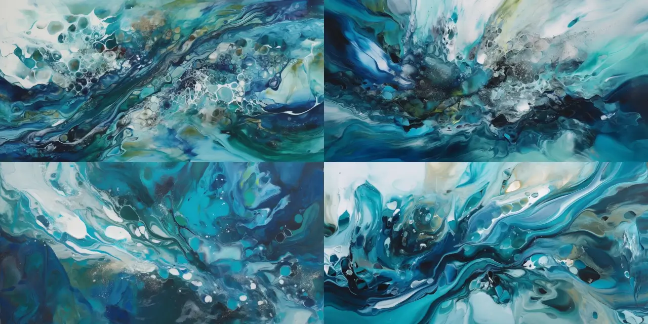 Capture the essence of flowing water through a mesmerizing display of swirling patterns, featuring different shades of {{color_1}}, {{color_2}}, and {{color_3}}, combined with reflective elements that highlight the beauty of nature. Create an abstract art masterpiece inspired by the works of {{artist_1}} and {{artist_2}}, using mediums like {{medium_1}} and {{medium_2}}. The final artwork should evoke a sense of tranquility and embody the fluidity and grace of water in motion.