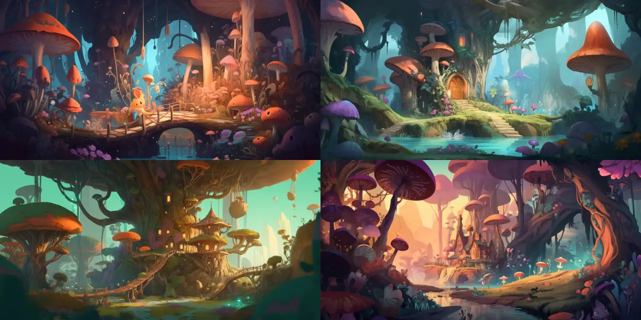 Design a whimsical {{theme_1}}-inspired landscape with cute {{animal_character_1}} and {{animal_character_2}} characters and mechanical gadgets. Include {{element_1}}, {{element_2}}, and {{element_3}}, with an emphasis on intricate details. Explore the interconnected storyboarding of this vibrant world, capturing the essence of {{emotion_1}} and {{emotion_2}}.