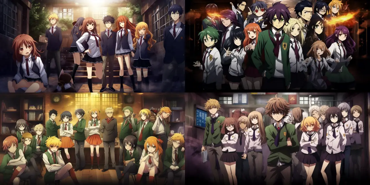 Create a captivating school scene showcasing a variety of anime characters in their distinct uniforms, each exhibiting unique supernatural abilities such as {{ability_1}}, {{ability_2}}, and {{ability_3}}. The setting should incorporate a visually stunning anime-style environment, blending both realistic and fantastical elements. Emphasize the interaction between these diverse characters as they utilize their extraordinary powers in harmony or conflict. Portray each character with a detailed portrait, capturing their individual personalities and the essence of their extraordinary talents.