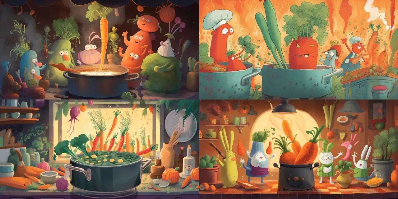 A vibrant illustration featuring a group of {{number_of_vegetables}} colorful talking {{vegetable_1}}, {{vegetable_2}}, and {{vegetable_3}} gathered around a steaming cook pot, rendered in a children's book illustration style. Set in a cozy and whimsical kitchen, the scene should evoke feelings of warmth, joy, and camaraderie while also capturing a sense of wonder and amusement. Incorporate various expressive facial features and postures, as if the vegetables are engaging in lively conversation. Experiment with a combination of art styles such as watercolor, ink drawing, or digital rendering to achieve the desired visual aesthetic.