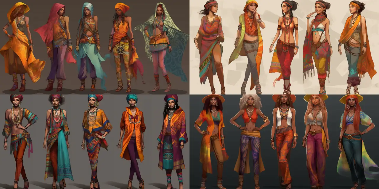 Create a vibrant and colorful clothing line concept art inspired by the exhilarating energy of festival culture and the intricate beauty of tribal patterns, featuring {{number_of_outfits}} distinctive outfits. Each outfit should have a unique blend of {{color_palette_1}} and {{color_palette_2}}, and incorporate an array of dazzling {{fabric_material}} textures. Focus on capturing the essence of freedom, unity, and celebration, using a variety of clothing types such as {{clothing_type_1}}, {{clothing_type_2}}, and {{clothing_type_3}}. To accentuate the visual appeal, include intricate {{accessory_1}} and {{accessory_2}} inspired by tribal designs. The concept art should be presented in a stunning {{art_style}} style, reflecting the lively and immersive atmosphere experienced at festivals around the world.