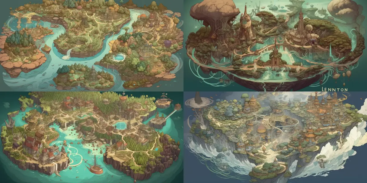 Envision a system of interconnected islands, featuring {{number_of_islands}} uniquely shaped and themed landscapes, each characterized by distinct cultures, flora, and fauna. The islands are intricately connected through an elaborate network of {{connection_type_1}} floating bridges and {{connection_type_2}} magical portals. In the style of {{art_style}}, create a detailed and immersive Fantasy Map Design that showcases the varying terrains, architecture, and cultural elements of each island, while also highlighting the ethereal pathways that form their connections. Additionally, include subtle hints of {{mythical_creature_1}} and {{mythical_creature_2}} roaming the landscapes, adding to the allure and mystique of this fantastical world.