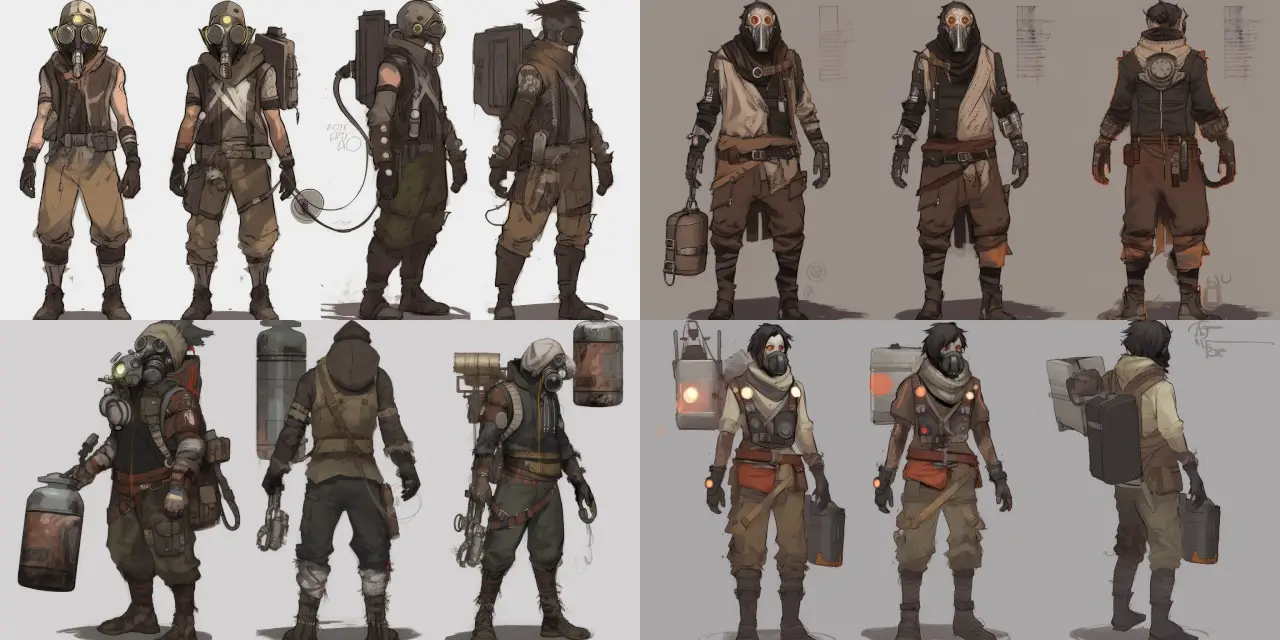 Design a post-apocalyptic survivor character for an Anime Character Design, showcasing {{gender}} adorned with makeshift armor made from {{material_1}} and {{material_2}}, scavenged gear including {{gear_item_1}}, {{gear_item_2}}, and {{gear_item_3}}, wielding an improvised weapon crafted from {{weapon_material_1}} and {{weapon_material_2}}. Capture the essence of resilience and determination, incorporating {{art_style_1}} and {{art_style_2}} in the visual representation.