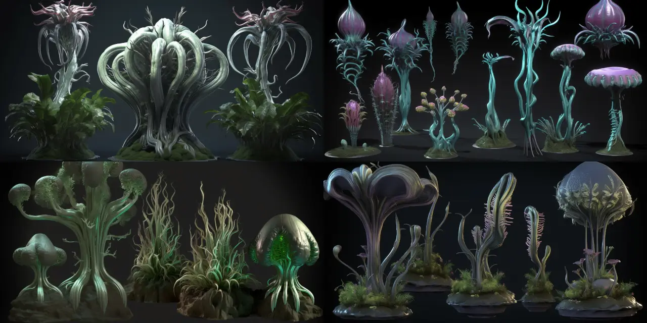 Create a collection of {{number}} 3D alien plant-life models, each with distinct bioluminescent characteristics and unique textures, inspired by the captivating style of {{artist}}. These models should be designed for seamless integration into a sci-fi game environment, with special attention to the intricacies of Game Assets & Props. The alien flora should evoke a sense of {{theme_1}} and {{theme_2}}, while staying true to the visual aesthetic of {{art_style}}. Additionally, the plants must be compatible with various rendering techniques, including {{medium_1}}, {{medium_2}}, and {{medium_3}}.