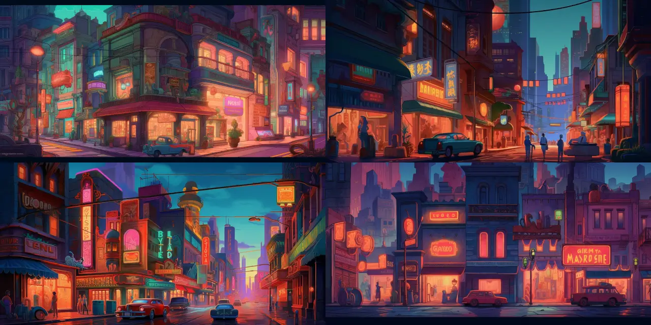 Create a vibrant city street scene for Cartoon Background Art, showcasing {{building_quantity}} tall buildings, adorned with {{sign_quantity}} neon signs, bustling with a variety of {{element_1}} amidst the energizing atmosphere. A dynamic, {{train_color}} moving train should be captured soaring above on an elevated rail system, complementing the urban landscape. The overall style should embody a unique blend of {{art_style_1}} and {{art_style_2}}.