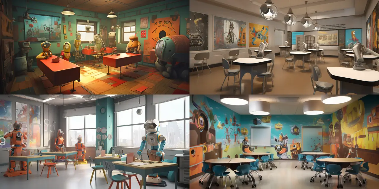 Depict a {{setting_1}} classroom where {{number_1}} multilingual robots, each with their {{unique_design_1}}, serve as teachers, providing personalized education to children of {{number_2}} various ages and cultures. Incorporate aspects of {{art_style_1}} and {{art_style_2}} in the illustration, showcasing the interaction between the robots and the children. Emphasize the sense of {{theme_1}} and {{theme_2}} in the classroom atmosphere, as well as the incorporation of innovative {{technology_1}} and {{technology_2}}.