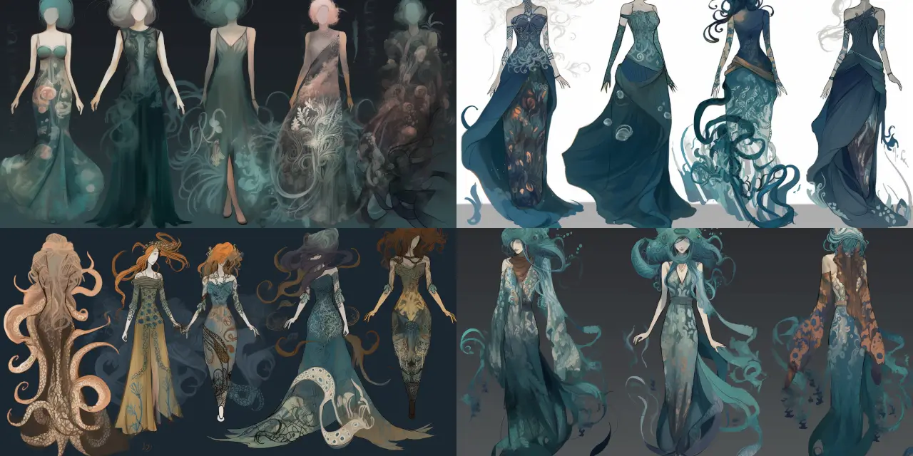 Create a concept art for an underwater-inspired clothing line titled "{{collection_name}}", featuring flowing silhouettes, aquatic textures, and sea creature patterns. Include {{number_of_outfits}} unique outfits, inspired by the following sea creatures: {{creature_1}}, {{creature_2}}, and {{creature_3}}. Design the clothing line in a style that combines {{style_1}}, {{style_2}}, and {{style_3}}. Additionally, illustrate the concept art using the medium of {{art_medium}}, taking inspiration from the works of {{artist_1}} and {{artist_2}}. Emphasize a theme of {{theme_1}} and incorporate elements that convey a sense of {{feeling_1}}.