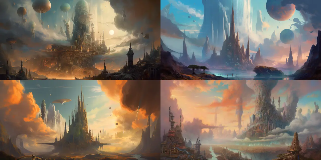 A visually stunning {{medium}} of an alien city on a floating island among the ethereal {{cloud_type}} clouds, with futuristic {{architecture_style}} spires reaching towards the heavens. The city is teeming with various otherworldly creatures, like {{creature_1}} and {{creature_2}}, effortlessly flying between the majestic spires. The scene is enveloped in a vibrant Sci-Fi and Space Art atmosphere, with hints of {{art_style_1}} and {{art_style_2}}, paying homage to the unique styles of {{artist_1}} and {{artist_2}}. The cityscape's captivating design instills a sense of {{strong_feeling_1}} and evokes the boundless potential of the universe.