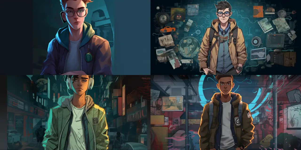 Produce an image of a cool and savvy teen detective, {{character_name}}, dressed in stylish {{streetwear_item_1}} and {{streetwear_item_2}}, incorporating gadgets such as a {{gadget_1}} and {{gadget_2}} to help them solve mysteries. Capture the essence of a Cartoon Avatar style crossed with elements from {{art_style_1}} and {{art_style_2}}. Be sure to convey a sense of {{feeling_or_theme}} in the depiction of the teen detective's surroundings.