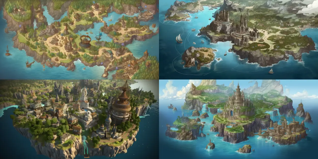 Create a detailed fantasy map featuring a sprawling coastal kingdom, {{kingdom_name}}, with crystal-blue waters and majestic {{castle_name}} castles, surrounded by a dense enchanted forest, {{forest_name}}. Ensure to include unique and awe-inspiring elements such as {{landmark_1}}, {{landmark_2}}, and {{landmark_3}} that showcase the kingdom's magical atmosphere, along with stylistic influences from {{art_style_1}}, {{art_style_2}}, and {{art_style_3}}. Incorporate elements from the artistic style of {{artist_1}} and {{artist_2}} and use a medium such as {{medium_1}} or {{medium_2}} for a vivid and dreamlike representation of the kingdom.