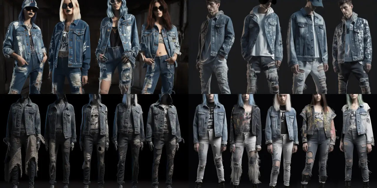 Design an edgy denim collection featuring {{number_of_pieces}} standout pieces, incorporating unique distressing techniques such as {{distressing_technique_1}}, {{distressing_technique_2}}, and {{distressing_technique_3}} along with creative patchwork details inspired by {{inspiration_theme_1}}, {{inspiration_theme_2}}, and {{inspiration_theme_3}}. Showcase the collection as a series of {{medium}} renderings, capturing the essence of {{style_descriptor_1}} and {{style_descriptor_2}} in a cohesive and stylish fashion design.