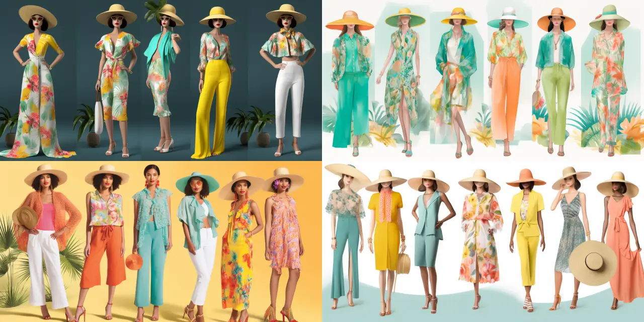 Create a tropical-inspired summer resort wear collection of {{outfit_count}} outfits, featuring lightweight fabrics like {{fabric_1}} and {{fabric_2}}, and vibrant colors such as {{color_1}}, {{color_2}}, and {{color_3}}. Incorporate elements of {{tropical_theme_1}} and {{tropical_theme_2}} while showcasing a mix of styles, including {{style_1}}, {{estyle_2}}, and {{style_3}}. Focus on comfort, functionality, and incorporating various accessories like {{accessory_1}}, {{accessory_2}}, and {{accessory_3}} to complement each outfit. Additionally, consider drawing inspiration from renowned fashion designers like {{designer_1}} and {{designer_2}} to incorporate a unique touch to the collection.