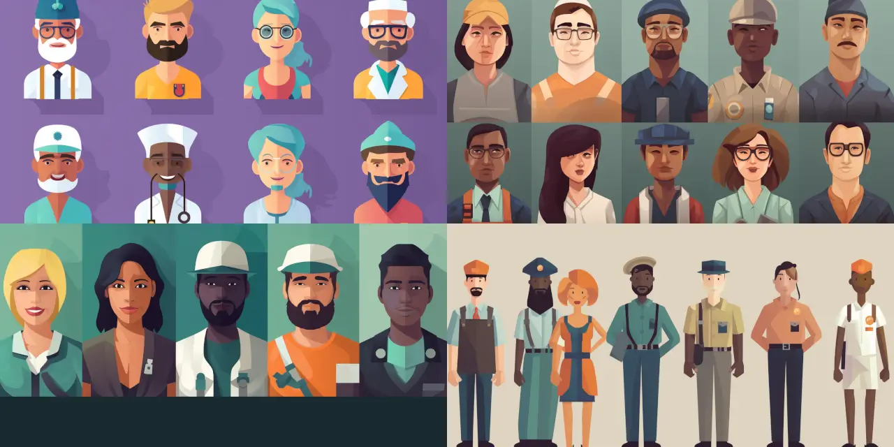 Generate a series of {{total_avatars}} professional avatars representing differing industries and job titles for Vector Art Avatars, including a {{industry_1}} {{job_title_1}}, a {{industry_2}} {{job_title_2}}, and a {{industry_3}} {{job_title_3}}. The avatars should incorporate unique elements from their respective fields, such as clothing or props, and showcase distinct color schemes to set each industry apart. Stylistically, the avatars must be consistent, with smooth lines and modern, flat design. Consider utilizing a variety of poses and facial expressions to convey their personality and professionalism within their industry.