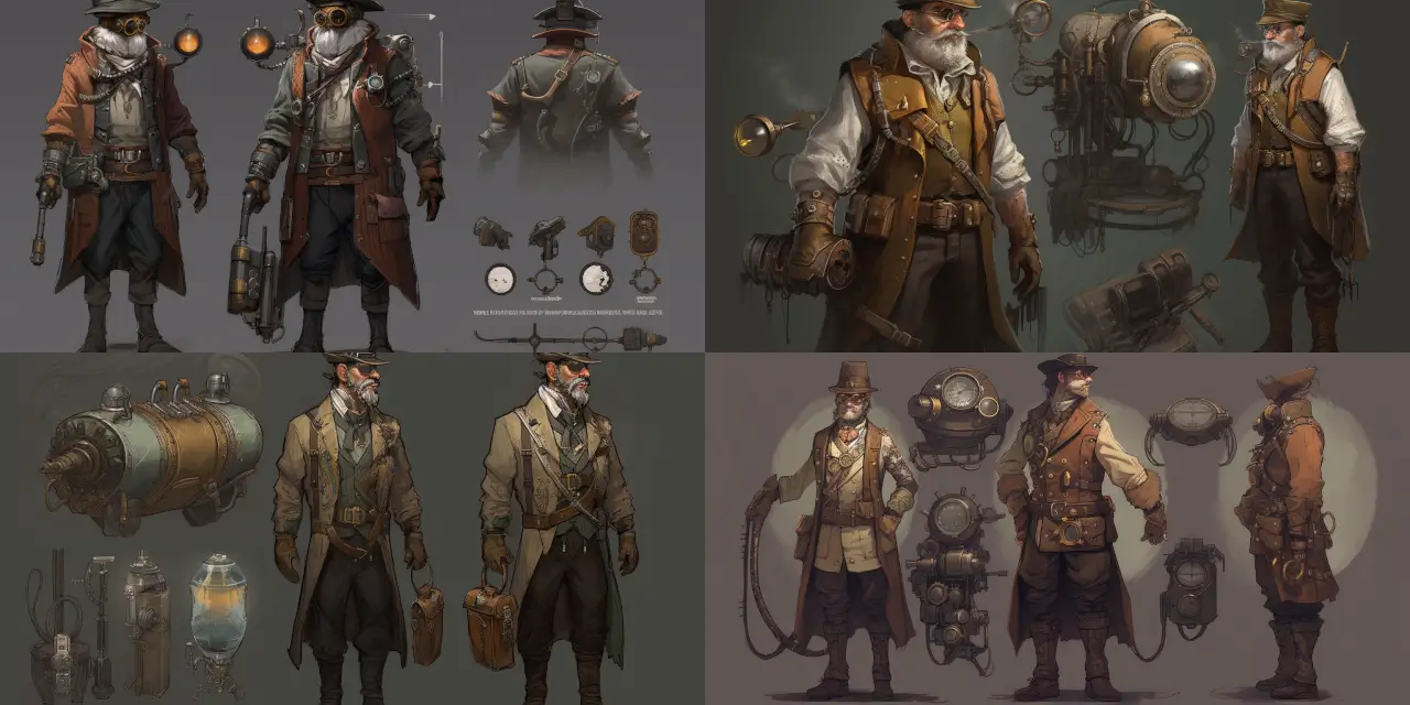 Illustrate a detailed game character design featuring a {{profession_1}} steampunk inventor, adorned with {{accessory_1}} flying goggles and a {{item_1}} mechanical backpack. The inventor should be proudly standing in front of their {{location_1}} workshop, showcasing their latest inventions and gadgets. The overall style should capture both the technical intricacy and the artistic aesthetics of the steampunk genre, with elements of {{style_1}}, {{style_2}}, and {{style_3}} incorporated to make the character truly unique and memorable.