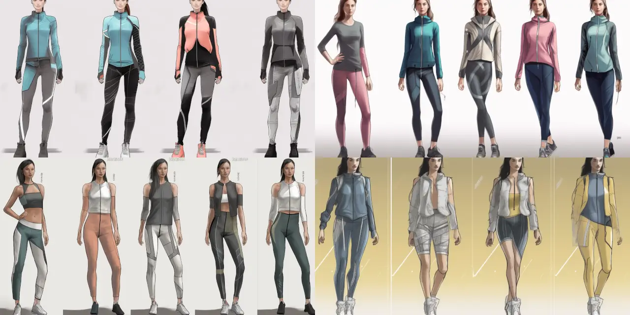 Design a sportswear collection infused with smart fabric technology, showcasing {{garment_1}}, {{garment_2}}, and {{garment_3}}. The collection should represent a fusion of {{style_1}}, {{style_2}}, and {{style_3}} aesthetics. Technical fashion sketches should include the incorporation of {{technology_1}}, {{technology_2}}, and {{technology_3}} functionalities. The color palette should be inspired by {{color_inspiration_1}} and {{color_inspiration_2}}, with textures reminiscent of artwork from {{artist_1}} and {{artist_2}}. Emphasize the sense of {{feeling_1}} and {{feeling_2}} in the design elements, creating a unique and forward-thinking sportswear collection.