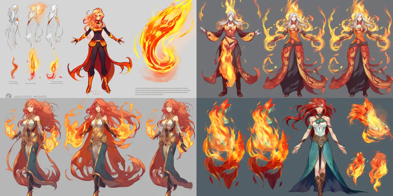 Design an elemental mage character for an Anime Character Design, showcasing captivating visual representations of their elemental affinity, such as {{element_1}}-infused hair or {{element_2}}-inspired clothing. Create an immersive scene where the character demonstrates their mastery of their element(s) in a powerful and awe-inspiring display. Consider incorporating emotions or themes such as the sense of power, unity with nature, or the desire for knowledge. Experiment with various art styles such as cyberpunk, solarpunk, or dreamlike in rendering the character design.