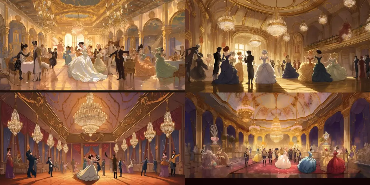 Design a lavish ballroom dancing scene featuring {{number_of_characters}} anime-styled characters dressed in elaborately detailed royal attire, embodying a feeling of {{strong_theme}}, amidst gilded architecture and sparkling chandeliers. The characters should interact with one another, capturing the energy of a {{specific_dance_style}} dance. Emphasize the grandeur by using {{art_style}} influences in the art, such as {{influential_artist_1}} or {{influential_artist_2}}. Render it using {{medium}}, and ensure the lighting captures the brilliance of the scene. Include the term "Anime-Styled Game Art" at the end of the prompt for clarity.