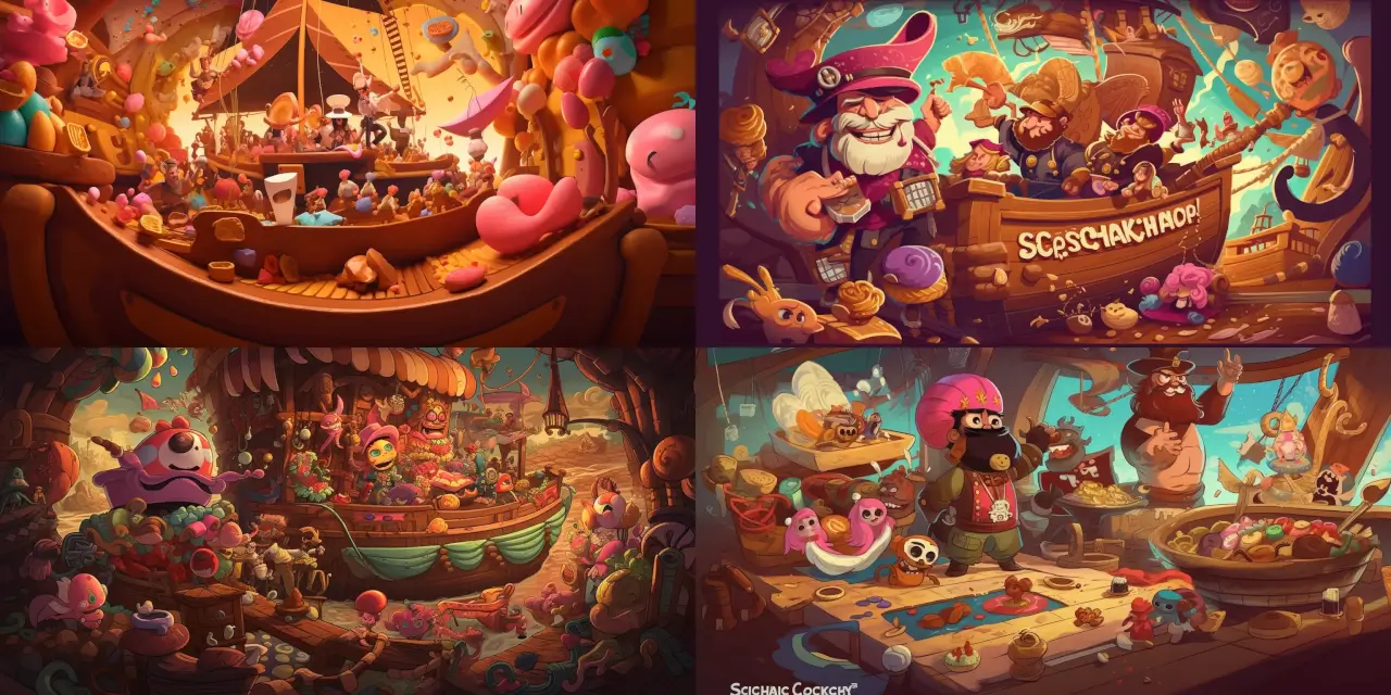 Create an image of a food-themed pirate, {{pirate_name}}, accompanied by their deliciously crafted ship, the {{ship_name}}, and a colorful crew of culinary-themed characters, such as {{character_1}}, {{character_2}}, and {{character_3}}. Design this scene for a Cartoon Character Design with vibrant colors, exaggerated features, and expressive poses. Incorporate a distinctive art style, such as {{art_style_1}}, {{art_style_2}}, or {{art_style_3}}, inspired by artists like {{artist_1}}, {{artist_2}}, or {{artist_3}}. Add details to the pirate's outfit, ship design, and crew members that emphasize their food-inspired theme, making them both visually appealing and full of personality. Add a touch of {{theme_1}}, {{theme_2}}, or {{theme_3}} to set the overall atmosphere for this delightful culinary adventure.