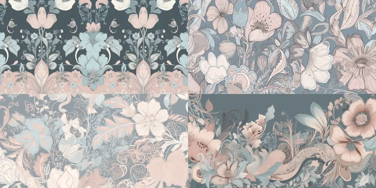 Design a {{style_1}} vintage floral pattern using {{color_scheme_1}} pastel colors inspired by {{era_1}} for a romantic dress, evoking a sense of {{theme_1}} and {{theme_2}}. Pattern Design should incorporate {{element_1}} and {{element_2}} for added visual interest.