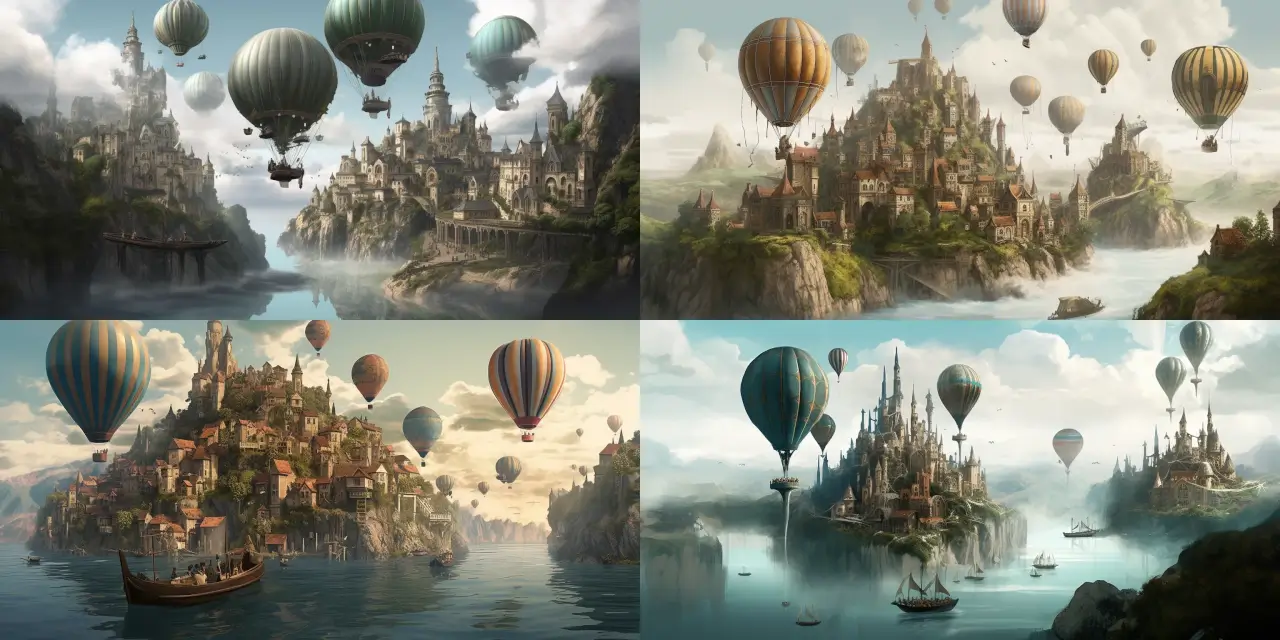 Design a floating island cityscape featuring {{number_of_waterfalls}} waterfalls cascading from its edges, connected to the ground below by a series of {{number_of_hot_air_balloons}} magical tethered hot air balloons. The city should incorporate {{architectural_style}} architecture, giving a sense of {{strong_theme_1}} and {{strong_theme_2}}. Incorporate elements from {{reference_artist_1}} and {{reference_artist_2}}'s art styles and use {{art_medium}} for the final render. Fantasy Map Design.