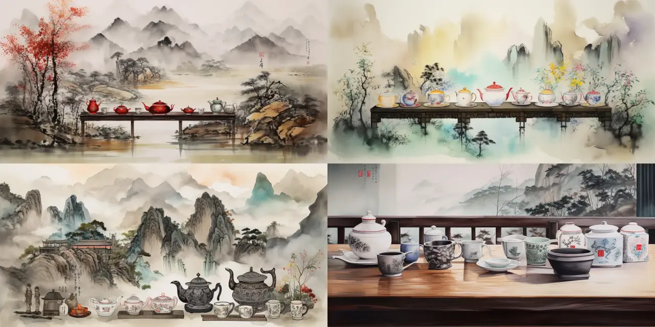 Illustrate a serene scene of a Chinese tea ceremony, featuring {{detail_1}} ceramic teapots and {{detail_2}} cups, accompanied by traditional paintings of {{landscape_1}} mountains and {{landscape_2}} lakes in the background. Embody the essence of Beverage Art through the use of {{medium_1}} and incorporate the unique styles of artists such as {{artist_1}} or {{artist_2}}. Convey a strong theme of {{feeling_1}} and {{feeling_2}} in this depiction, incorporating elements that symbolize the importance of the tea ceremony in Chinese culture.