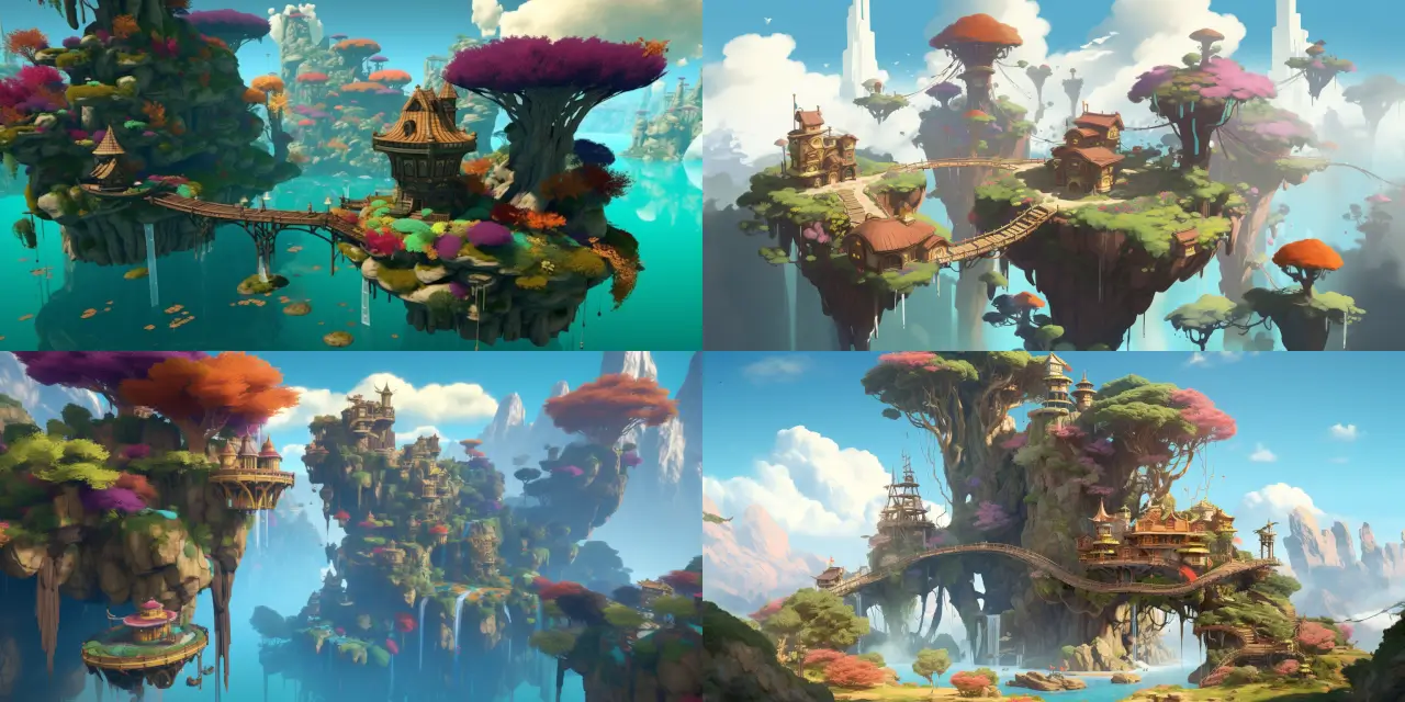 Compose a whimsical floating island in the sky, featuring {{number_of_waterfalls}} vibrant waterfalls, {{number_of_huts}} small huts interconnected by {{number_of_bridges}} rope bridges, and abundant flora in a game environment art style. The setting should evoke a sense of {{feeling_1}} and {{feeling_2}}, with hints of {{art_movement_1}} and {{art_movement_2}} influences. Include unique elements such as a {{unique_object_1}} and a {{unique_object_2}} to enhance its fantastical charm.