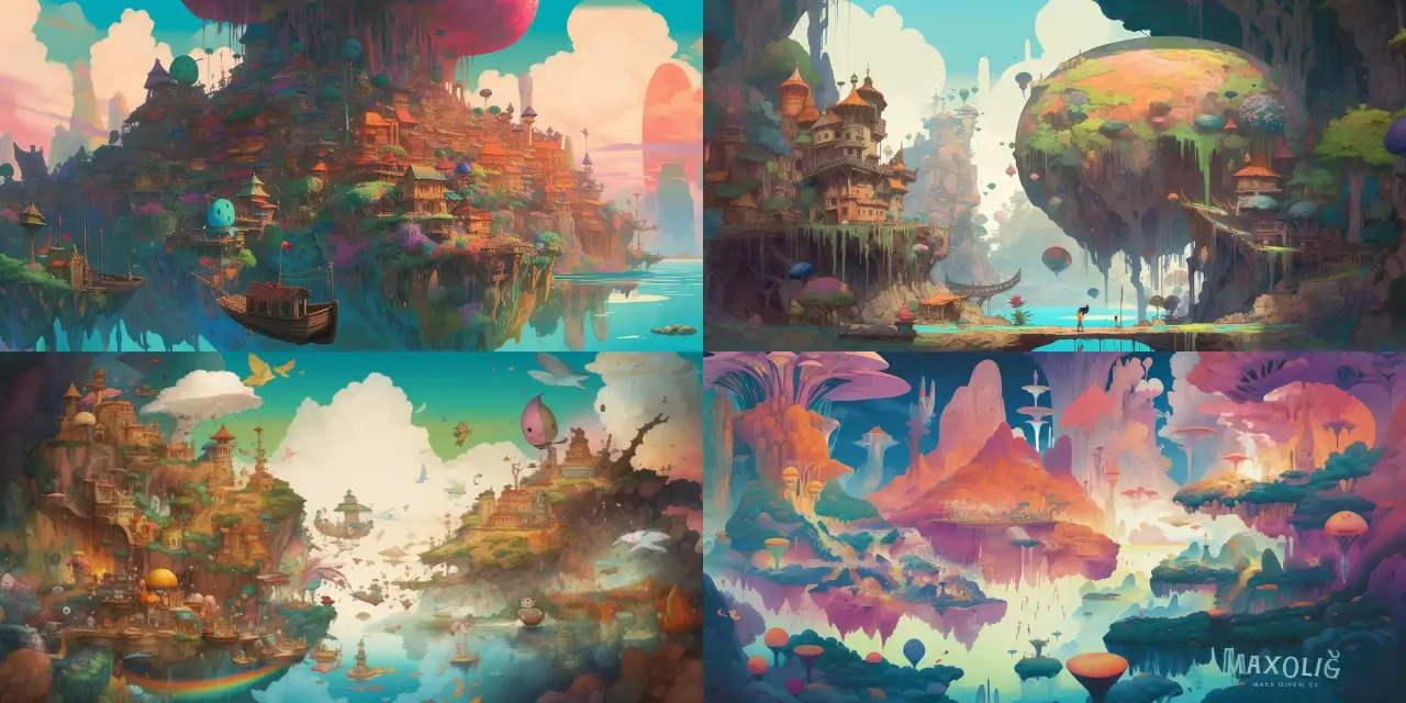 An imaginative and vibrant world inside a child's dream, featuring {{landscape_1}} surreal landscapes, {{giant_toy_1}} and {{giant_toy_2}} giant toys, and {{creature_1}}, {{creature_2}}, and {{creature_3}} fantastical creatures. The 2D animation style should be inspired by {{artist_1}} and {{artist_2}}, with vivid colors, watercolor textures, and dreamlike scenery.