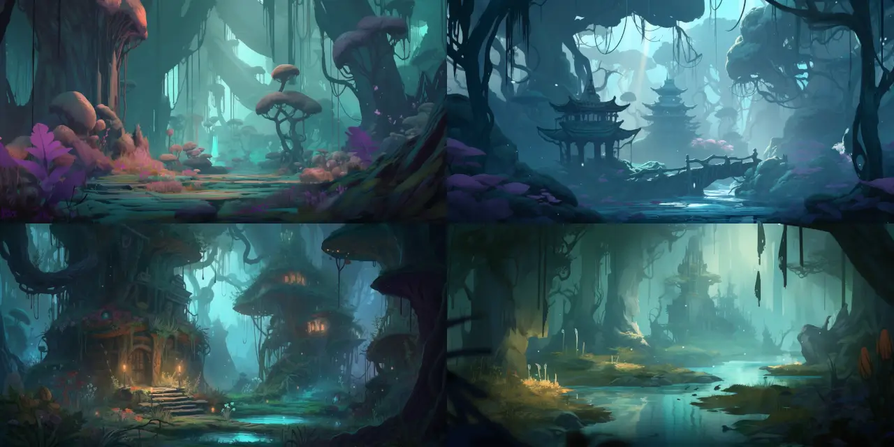 Create a game environment art featuring a mystical forest filled with {{creature_1}}, {{creature_2}}, and {{creature_3}} amidst {{plant_1}}, {{plant_2}}, and {{plant_3}} that emit an enchanting glow. Surround the scene with a dense, mysterious fog and incorporate ancient ruins, reminiscent of {{historical_civilization}}, in the background. The art style should draw inspiration from {{artist_1}}, {{artist_2}}, and a touch of {{art_style}}, immersing the viewer in a magical and captivating world.