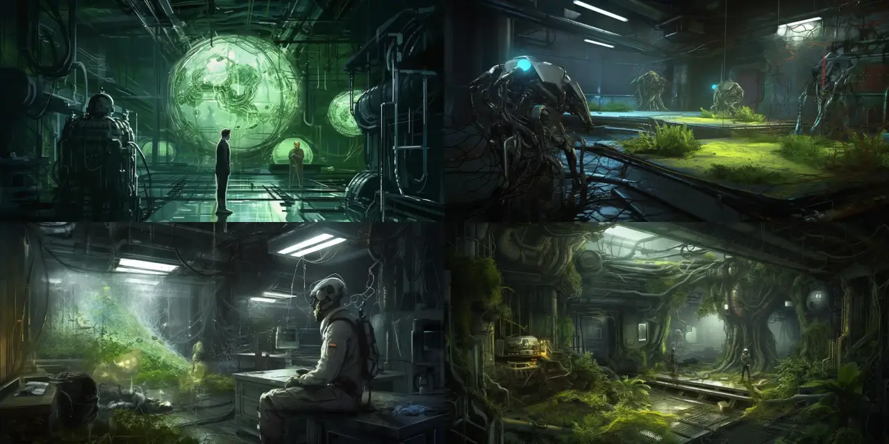 Illustrate an abandoned high-tech laboratory full of mysterious {{cybernetic_experiments}}, such as {{experiment_1}} and {{experiment_2}}, interwoven with overgrown {{biomechanical_plant_life}}, like {{plant_1}} and {{plant_2}}. A lone {{character}}—with features like {{character_trait1}} and {{character_trait2}}—explores the scene, expressing feelings of {{emotion}} or {{theme}}. Art style should lean towards a {{cyberpunk_art}} vibe, with possible influences from artists such as {{artist_1}} or {{artist_2}}. The medium can range from {{medium_1}} to {{medium_2}}. Provide a clear focus on the details of the environment and the interactions between the character, cybernetic experiments, and biomechanical plant life.