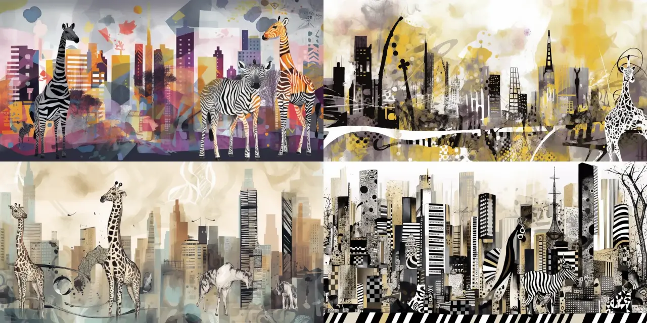 Design a {{style}} abstract cityscape, where the buildings are adorned with {{animal_pattern_1}}, {{animal_pattern_2}}, and {{animal_pattern_3}} patterns representing their unique architecture. The skyline should evoke a {{theme}} feeling with a {{medium}} representation. Additionally, include elements inspired by the artists {{artist_1}} and {{artist_2}} to enhance the visual appeal of the cityscape. Focus on the interplay of different animal patterns & textiles against the backdrop of {{landscape_element_1}} and {{landscape_element_2}}.