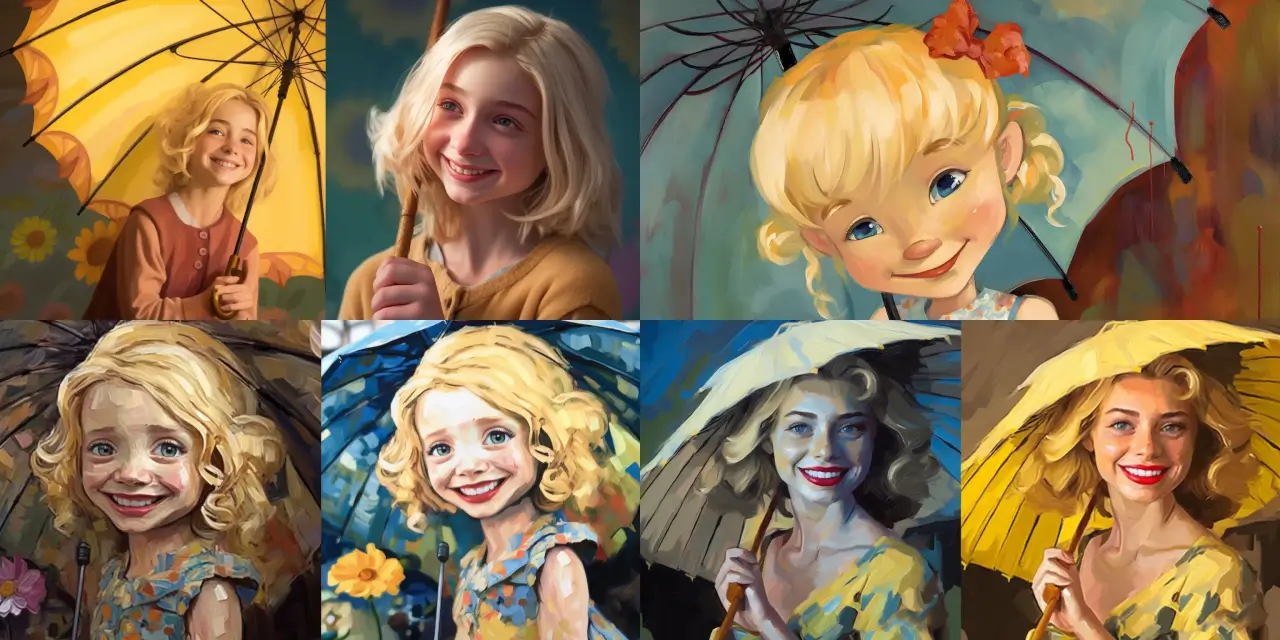 Design a playful caricature of a {{hair_color}}-haired girl with {{facial_features}}, wearing a {{clothing_style}} dress and holding an {{umbrella_type}} umbrella. Create the caricature in a {{art_medium}} style, emphasizing her cheerful expression and unique personality traits. Consider incorporating elements of {{art_movement}} or being inspired by the work of {{specific_artist}}.