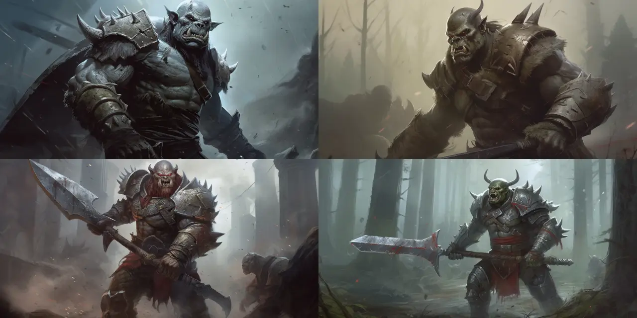 A dynamic prompt for "6. A fierce orc warrior charging into battle, wielding a massive double-bladed axe, against an eerie, fog-shrouded backdrop. Fantasy Character Design.":