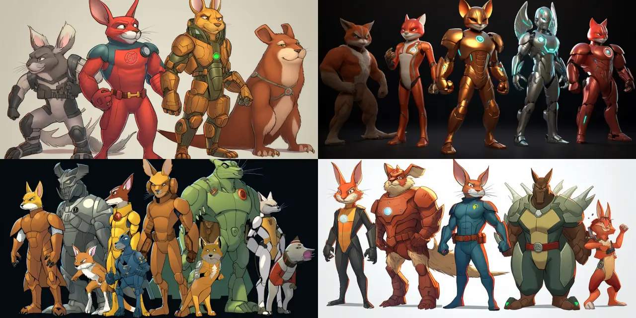 Illustrate a cartoon image of a superhero team consisting of {{character_1}}, a muscular mouse with {{color_scheme1}}, {{costume1}}, and visibly distinct power, {{character_2}}, a tech-savvy rabbit with {{color_scheme2}}, {{costume2}}, and visibly distinct power, and {{character_3}}, a courageous squirrel with {{color_scheme3}}, {{costume3}}, and visibly distinct power. The scene should be depicted in a {{style}} artistic style, showcasing each character's abilities in the midst of an epic battle or mission. Create a dynamic and engaging storyboard that highlights the unique personalities, strengths, and teamwork of this superhero trio.