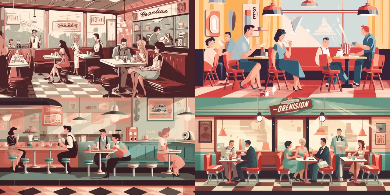Design a retro-style image for a vintage diner food brand packaging, featuring {{number_of_people}} people enjoying a meal at a classic {{diner_theme}} diner. The scene should evoke {{emotion_1}} and {{emotion_2}} and incorporate elements such as {{prop_1}}, {{prop_2}}, and {{prop_3}}. The art style should be reminiscent of artists like {{artist_1}} and {{artist_2}} and use a medium such as {{medium_type}}. The color palette should include {{color_1}}, {{color_2}}, and {{color_3}}, creating a nostalgic atmosphere for the food packaging design.