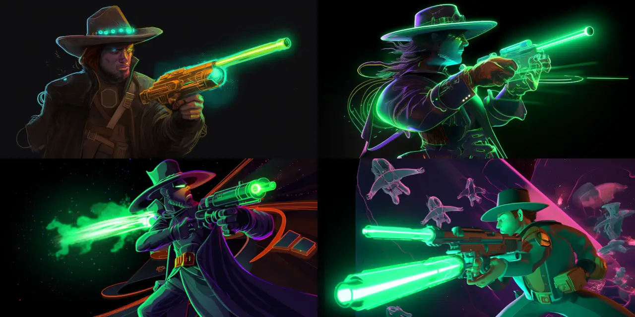 Render a caricature of a {{descriptor_1}} space cowboy engaged in a laser {{shootout_type}} against {{number_of_opponents}} opponents, featuring a {{hat_type}} futuristic hat, {{sideburns_style}} unique sideburns, and a {{gun_color}} laser gun - Caricatures.