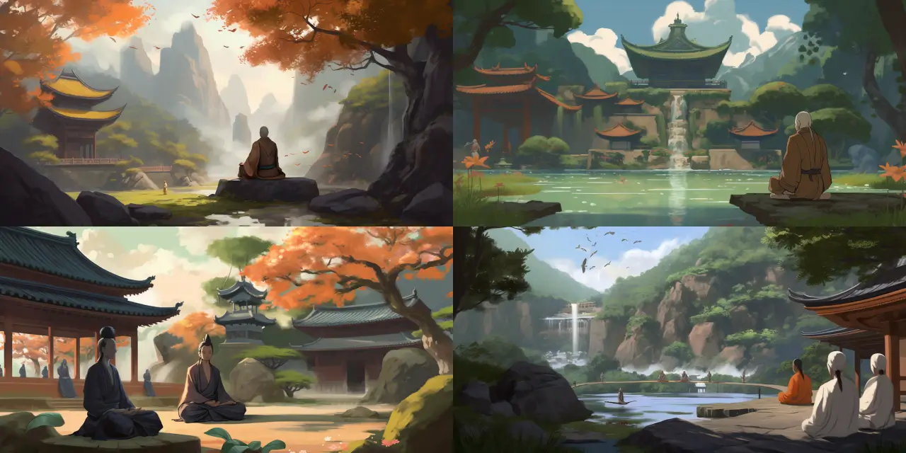 Illustrate a tranquil haven tucked within a hidden valley, featuring {{number_of_monks}} anime character monks dedicated to practicing martial arts, mastering {{energy_type}} energy manipulation, and pursuing spiritual growth. Incorporate various elements of their training, such as {{technique_1}}, {{technique_2}}, and {{technique_3}}, as they inhabit this serene sanctuary. Optionally, include close-up anime portraits of the key monks, showcasing their unique features and expressions. Capture the overall atmosphere and style in a {{art_medium}} approach, reflecting the essence of inner peace, discipline, and harmony.