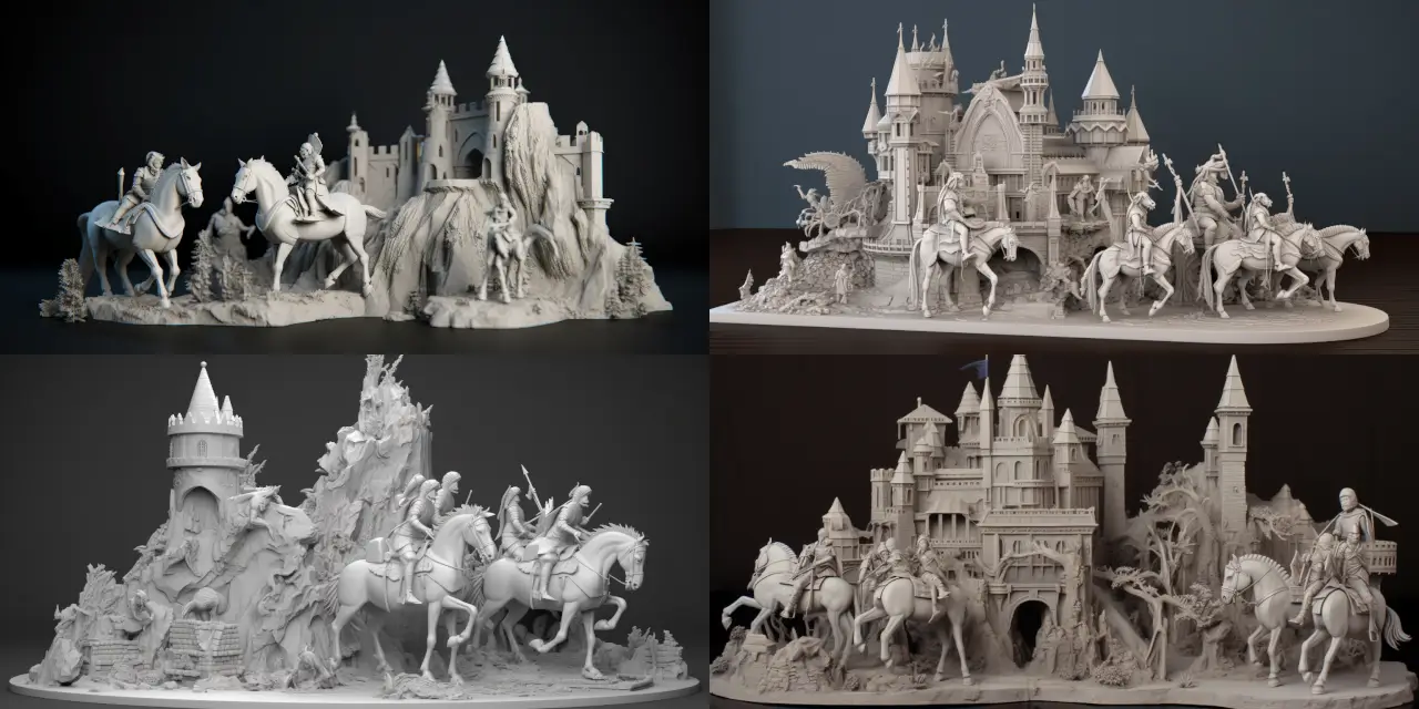 Create a 3D printable medieval fantasy scene featuring {{number_of_knights}} knights on horseback, {{number_of_dragons}} dragons, and a {{castle_condition}} besieged castle. Include specific details such as knights' armor, dragon species, and castle architecture. Emphasize themes like bravery, conflict, and camaraderie. Consider incorporating art styles like gothic, romanticism, or pre-Raphaelite for a unique twist. Reference artists like J.R.R. Tolkien, Frank Frazetta, or Gustave Doré for inspiration. The final design should encapsulate a sense of epic adventure with its rich, detailed composition ideal for 3D printing.
