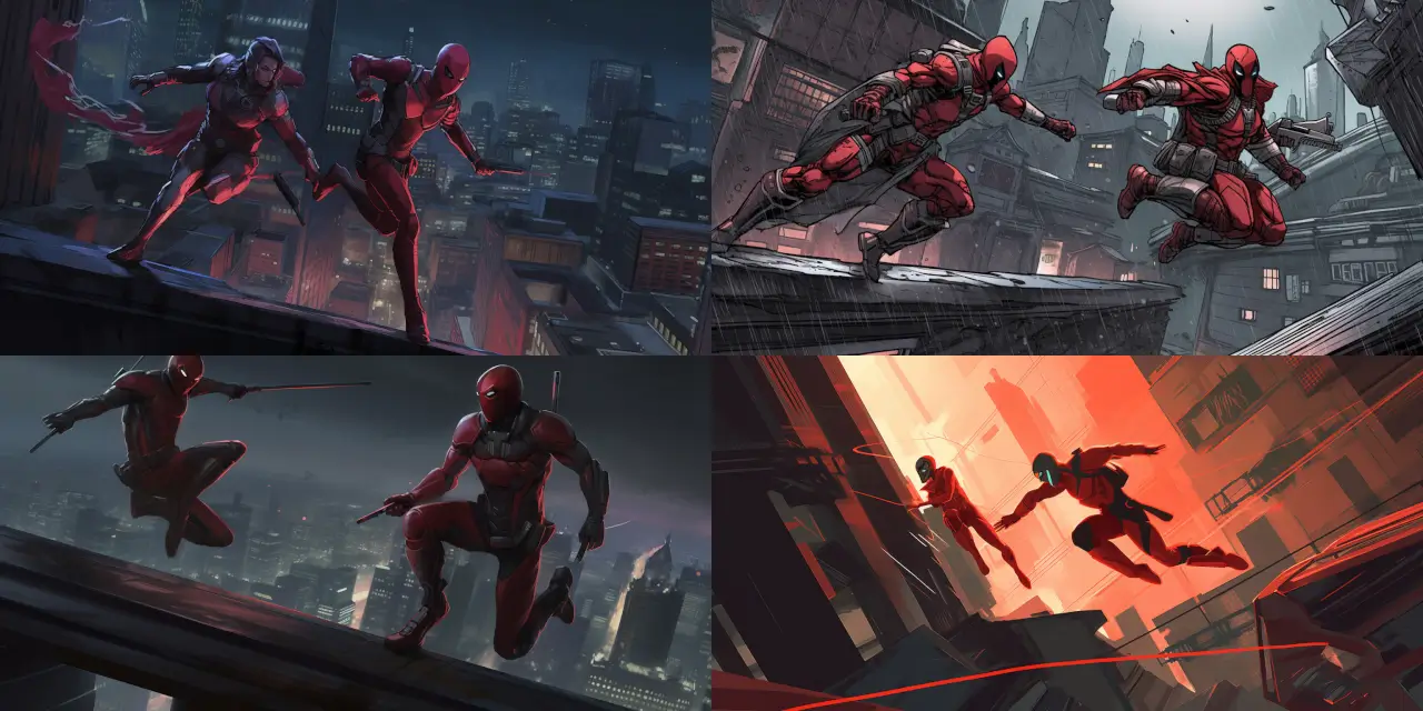 Design a crime-fighting duo, {{character_1}} and {{character_2}}, scaling walls and leaping over rooftops in an action-packed nighttime chase scene. Set in a {{setting_style}} cityscape, capture the sense of adrenaline, determination, and teamwork between the heroes. Include various dynamic poses, emphasizing their agility and prowess. The scene should be inspired by {{comic_book_art}} and utilize vivid colors, contrasting shadows, and intricate details to evoke the classic comic book style. Bonus points for incorporating elements of {{unique_element_1}} and {{unique_element_2}} into the characters' costumes, gadgets or the environment. Remember to convey the thrill of the chase, the essence of heroism, and the bond between the crime-fighting partners.