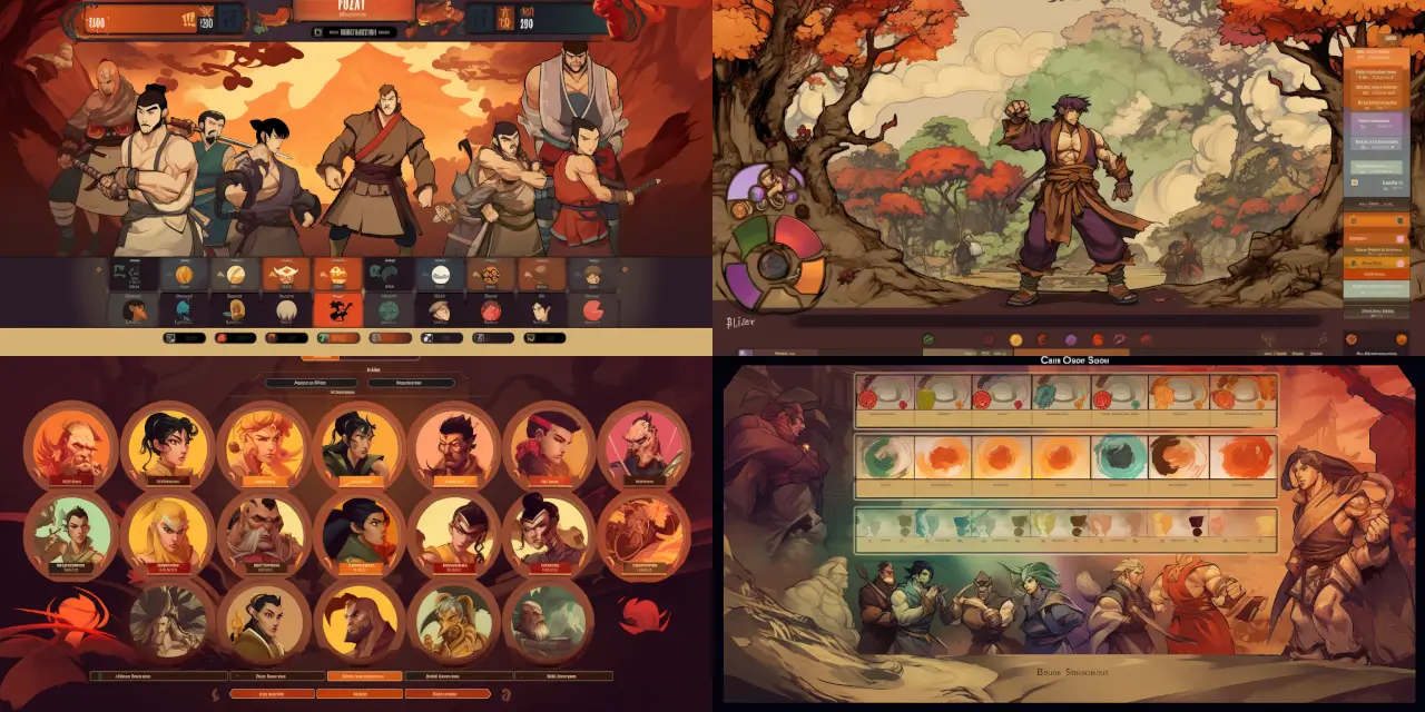 Design a character selection screen for a fighting game, featuring a seamless transition between {{number_of_characters}} characters, vibrant color schemes, and dynamic backdrops inspired by {{backdrop_inspiration}}. The design should incorporate a user-friendly UI & UX for Games, including elements such as {{element_1}}, {{element_2}}, and {{element_3}}. Visualize the screen in a style that could resemble {{art_style}}, with unique character portraits that convey their distinctive attributes and personalities.