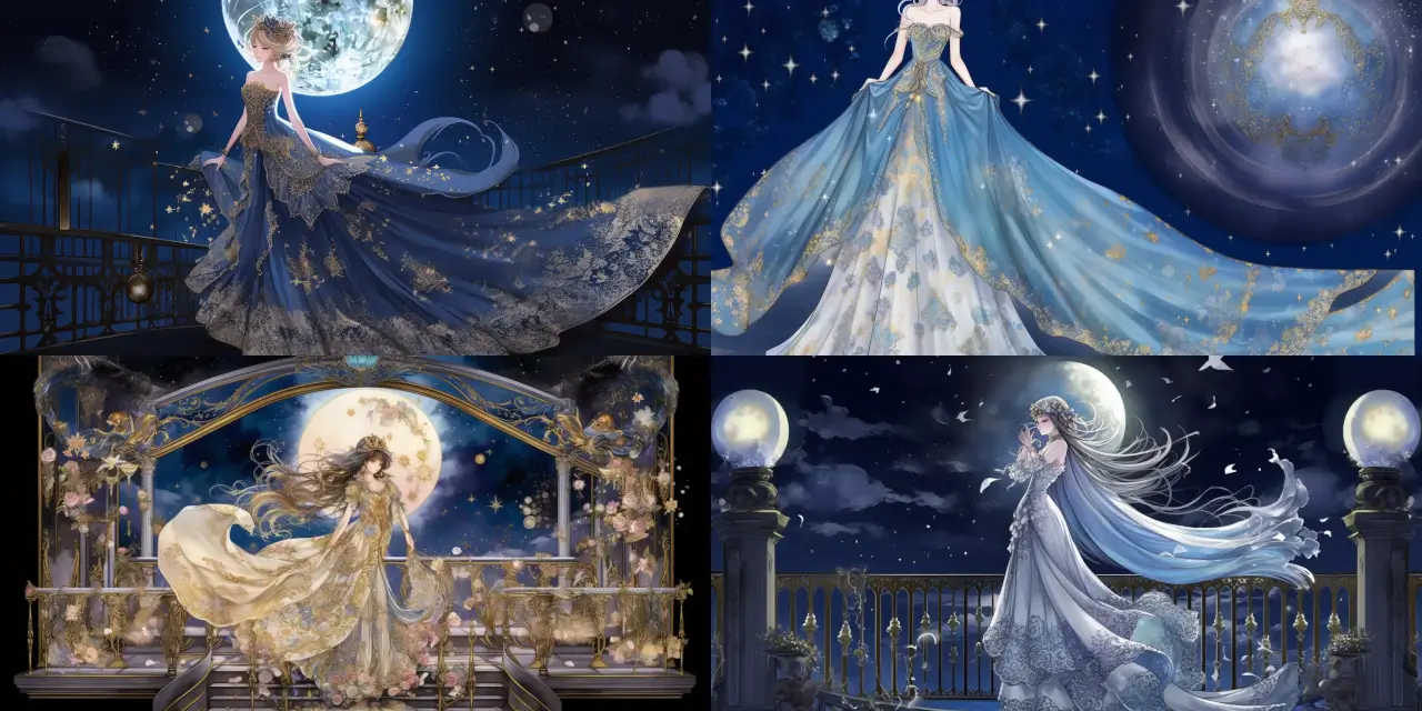 Illustrate a regal anime princess wearing a flowing, shimmering gown adorned with {{decoration_1}} and {{decoration_2}}, surrounded by {{number_of_dark_faeries}} dark faeries and {{number_of_light_faeries}} light faeries hovering around her. Have her stand atop a richly ornamented balcony featuring {{balcony_detail_1}} and {{balcony_detail_2}}, gazing into a magical night sky filled with {{celestial_object_1}} and {{celestial_object_2}}. Emphasize the contrast between light and dark elements in the scene to create an enchanting atmosphere. Anime Portraits style.