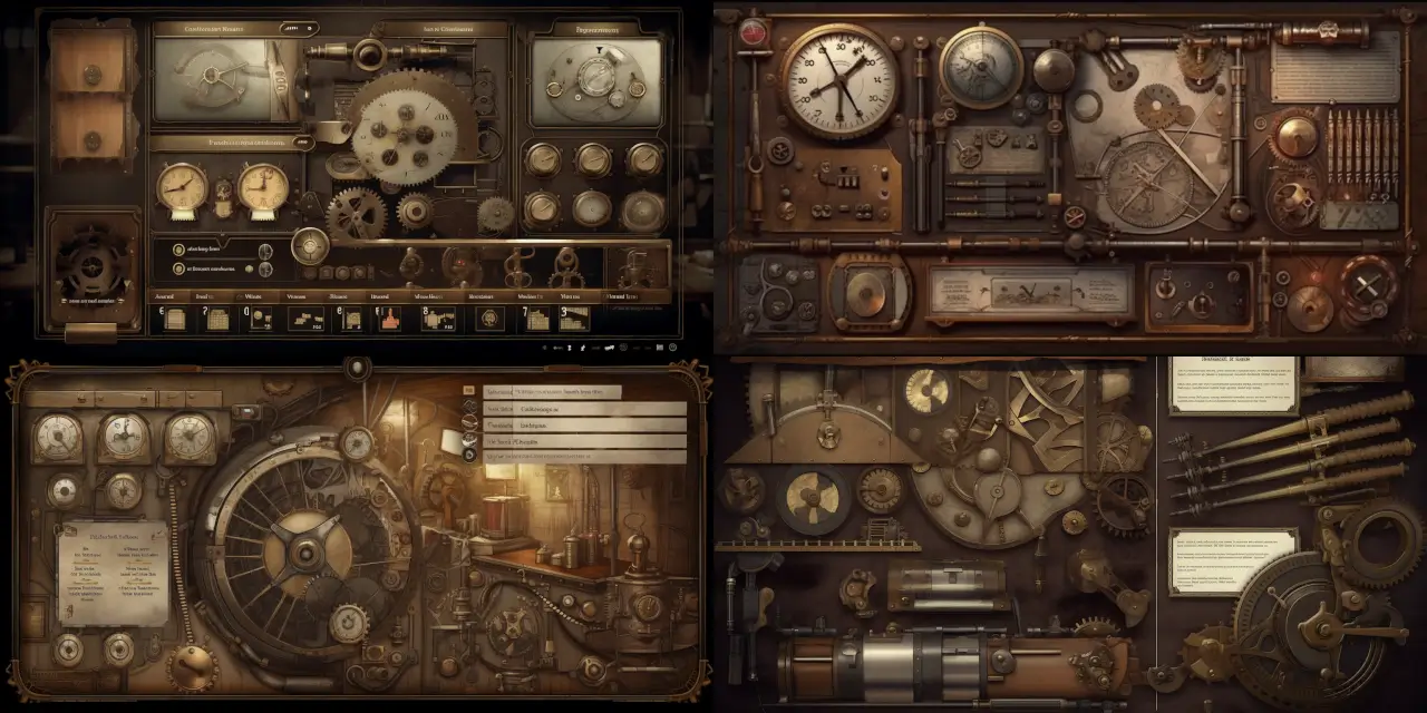 Design a steampunk-themed inventory and crafting system for an RPG, featuring {{mechanical_element_1}}, {{mechanical_element_2}}, and {{modern_element}} within the interface. The UI & UX Design should include elements such as {{interface_element_1}}, {{interface_element_2}}, and {{interface_element_3}} to create a seamless blend of mechanical and modern styles. Aim for a {{art_style}} aesthetic, drawing inspiration from artists like {{artist_1}} and {{artist_2}}. Incorporate the feeling of {{strong_theme}} throughout the design and make use of {{medium}} to bring the steampunk world to life.