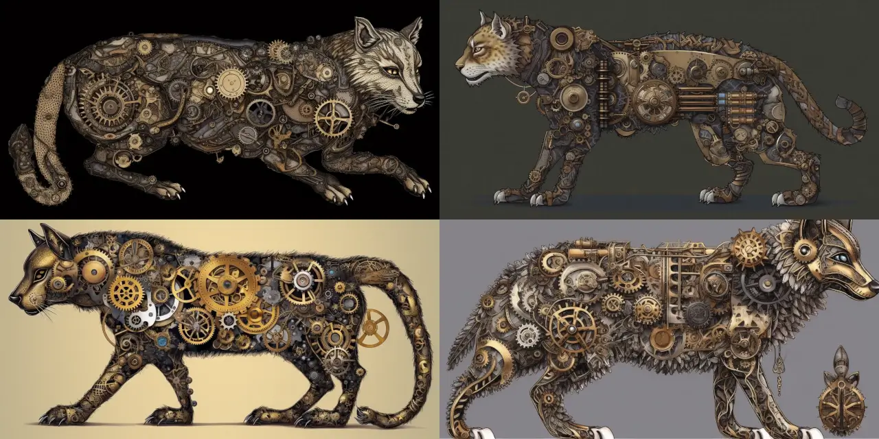 Illustrate a {{animal_1}}-inspired steampunk mechanical creature, showcasing intricate gears and mechanisms with a fusion of {{animal_2}} and {{animal_3}} patterns and textures. Capture the essence of steampunk aesthetics while incorporating elements of {{textile_1}}, {{textile_2}}, and {{textile_3}} textiles to create a visually striking and unique design.