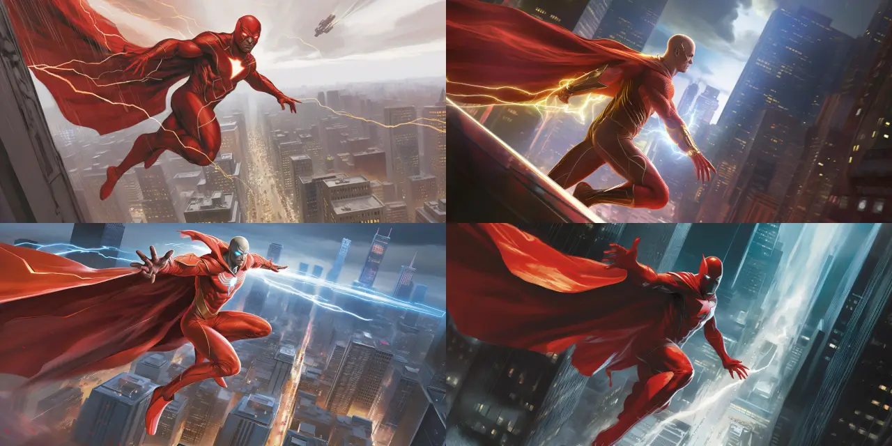 Design a superhero, {{hero_name}}, wearing a red cape, holding a shield with a {{attachment_1}} lightning bolt emblem, in a dynamic {{flight_pose}} pose during their heroic act. Set the scene in a {{location_1}} environment with {{element_1}} and {{element_2}} present, incorporating comic book art style, reminiscent of {{comic_artist}}'s work. Optional features include {{additional_detail_1}}, {{additional_detail_2}}, and {{additional_detail_3}}. Emphasize the emotions of {{emotion_1}} and {{emotion_2}} within the superhero and the scene.