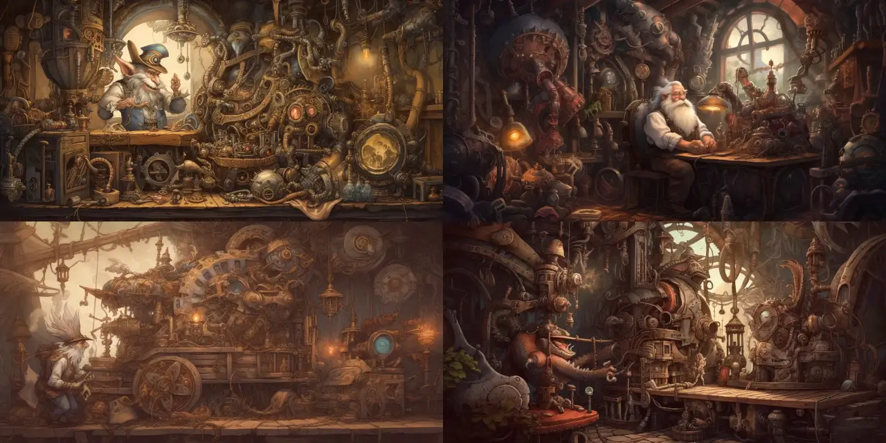 A highly detailed illustration featuring a {{resourceful_gnome_inventor}}, presenting his latest {{clockwork_creation}} amidst the intricate cogs and mechanisms of his steam-powered workshop. The scene should capture the essence of fantasy character design and evoke a sense of wonder, inspiration, and awe. Consider incorporating elements such as mystical lightings and subtle steampunk inspirations in the design of the gnome's attire and his surroundings. Emphasize the complex craftsmanship and ingenuity that goes into the creation of his clockwork masterpiece, with a harmonious blend of traditional and futuristic styles. The medium can be of your choice, such as a watercolor painting, an oil on canvas, or a detailed drawing. Feel free to draw inspiration from renowned artists like M.C. Escher, James Gurney, or Marc Simonetti, or channel your own unique style into this fantastical depiction.