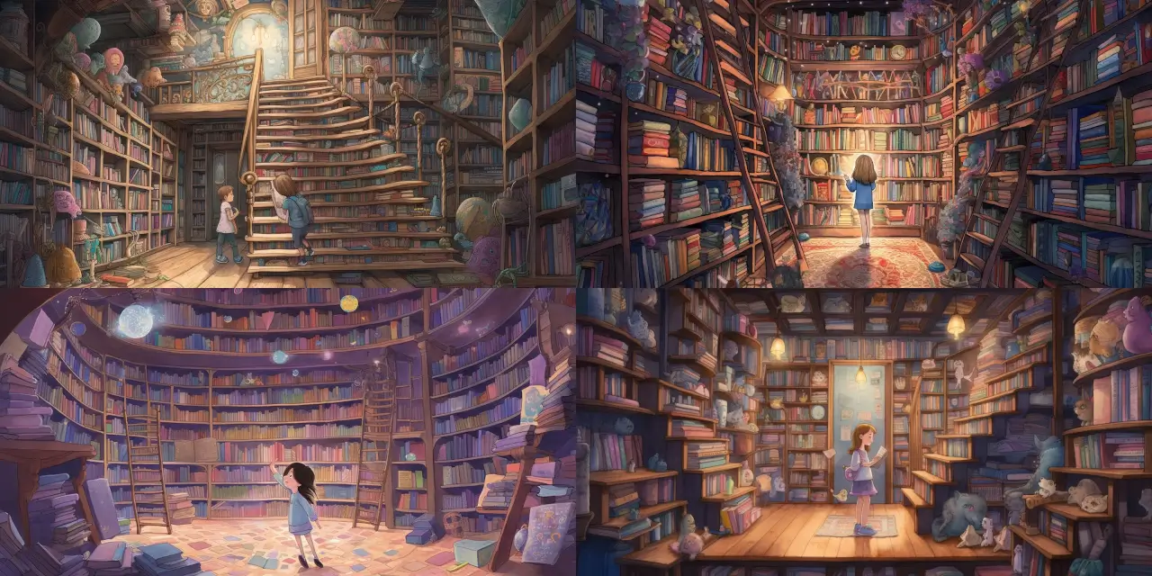 A curious child exploring a fantastical library filled with floating books, Children's Book Illustrations: Featuring {{character_1}}, a {{age_1}}-year-old child, venturing into a whimsical library filled with an abundance of {{color_1}} and {{color_2}} floating books. The scene captures a sense of wonder and delight as {{character_1}} discovers magical secrets hidden within the pages. Inspired by artists such as {{artist_1}} and {{artist_2}}, the illustrations adopt a {{art_style_1}} style with vibrant colors and playful details. The medium is a combination of {{medium_1}} and {{medium_2}} techniques, showcasing both the enchanting world and the child's innocent perspective on their journey through this seemingly infinite literary treasures.