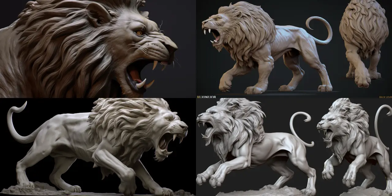 Sculpt a detailed representation of a roaring {{animal_1}} in motion, specifically capturing the essence of its {{feature_1}} and {{feature_2}}, using sculpting software such as ZBrush or Blender. The sculpture should strongly convey the {{trait_1}} and {{trait_2}} of the {{animal_1}}.